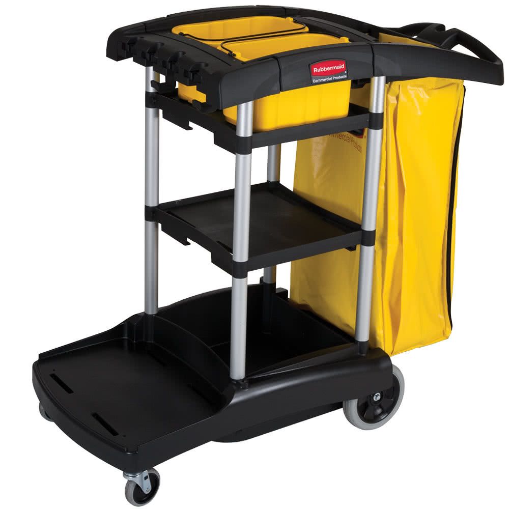 Rubbermaid nagy kapacitású takarító kocsi-polccal és zsákkal